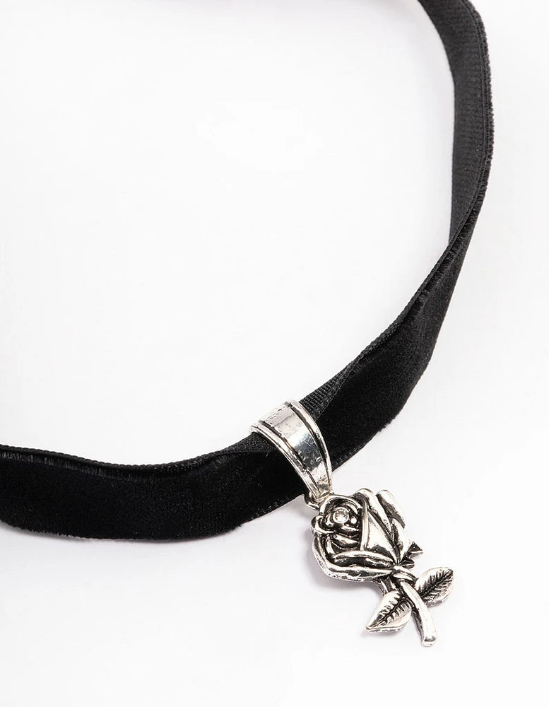 Antique Silver Wide Velvet Pendant Choker