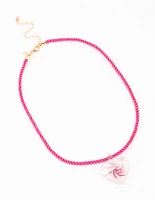 Gold & Pink Twisted Cord Flower Heart Pendant Necklace