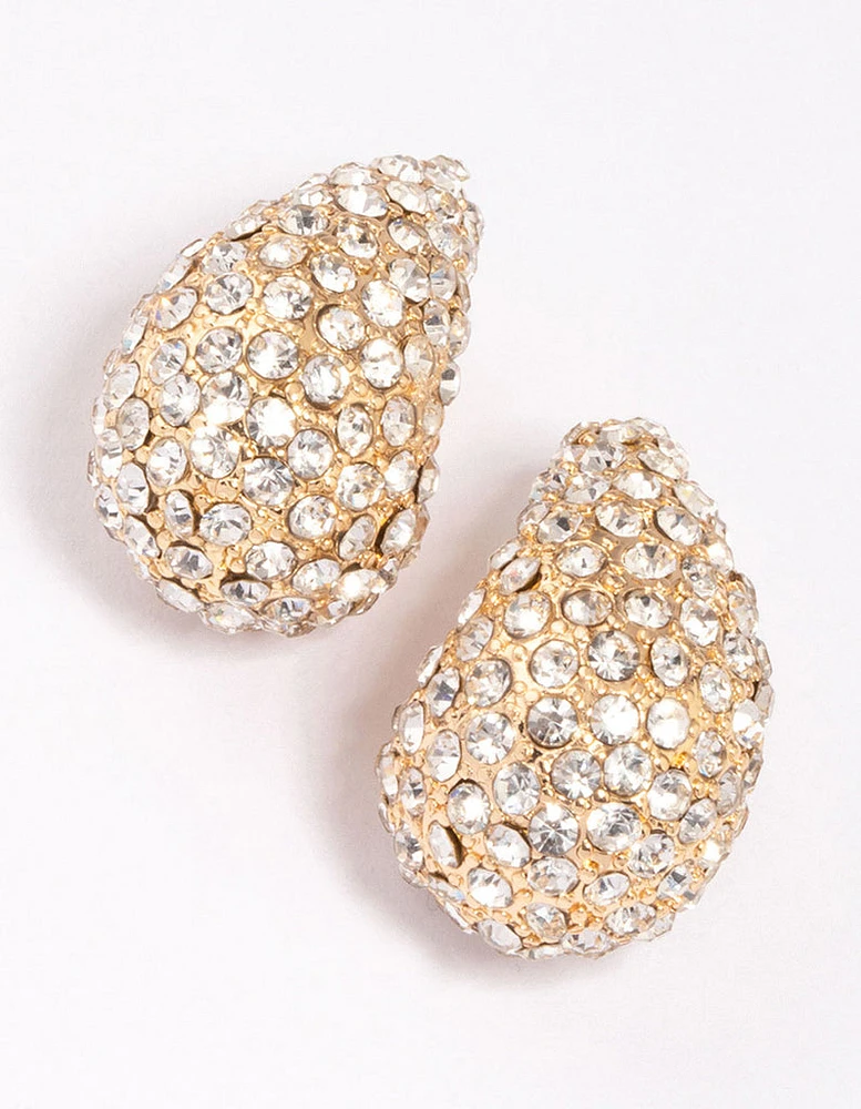 Gold Diamante Teardrop Stud Earrings