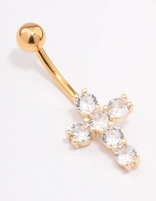 Gold Plated Surgical Steel Round Cubic Zirconia Cross Belly Ring