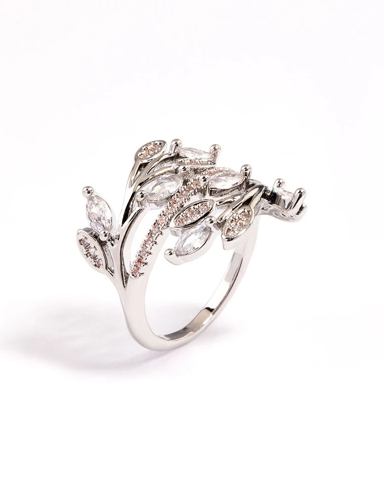 Rhodium Leafy Vine Cubic Zirconia Ring