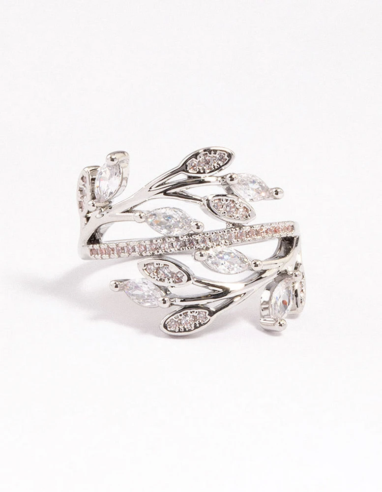 Rhodium Leafy Vine Cubic Zirconia Ring