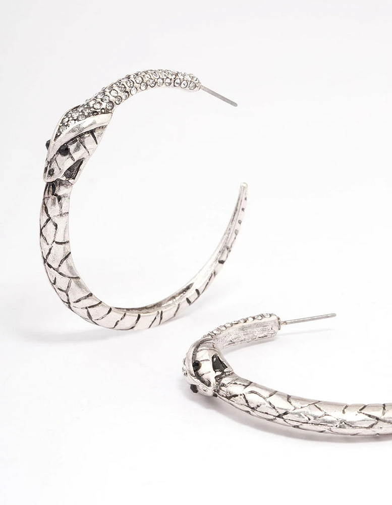 Brushed Silver Snake Textured Hoop Earrings