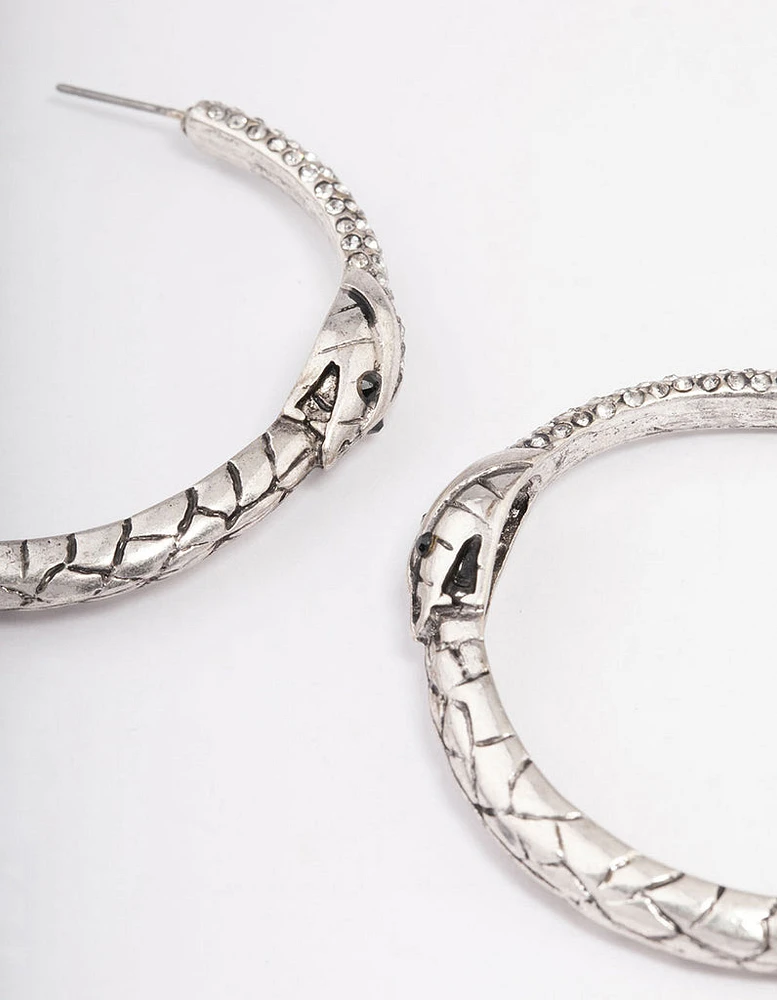 Brushed Silver Snake Textured Hoop Earrings