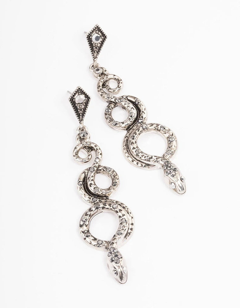 Antique Silver Snake Stone Drop Earrings