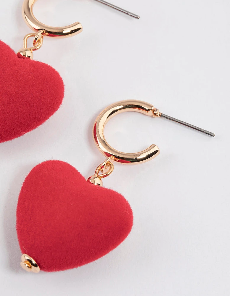 Gold Puffy Fuzzy Heart Drop Earrings