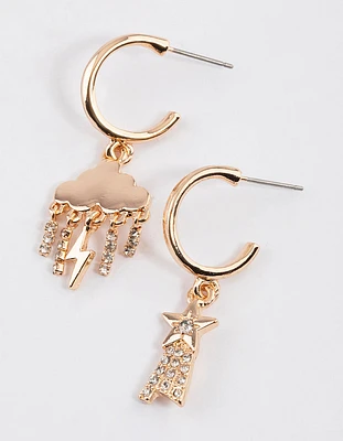 Gold Cloud Star Diamante Hoop Earrings