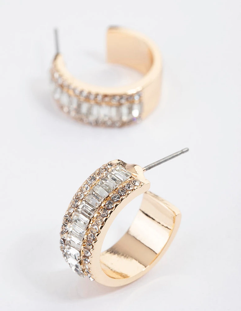 Gold Baguette Diamante Small Hoop Earrings