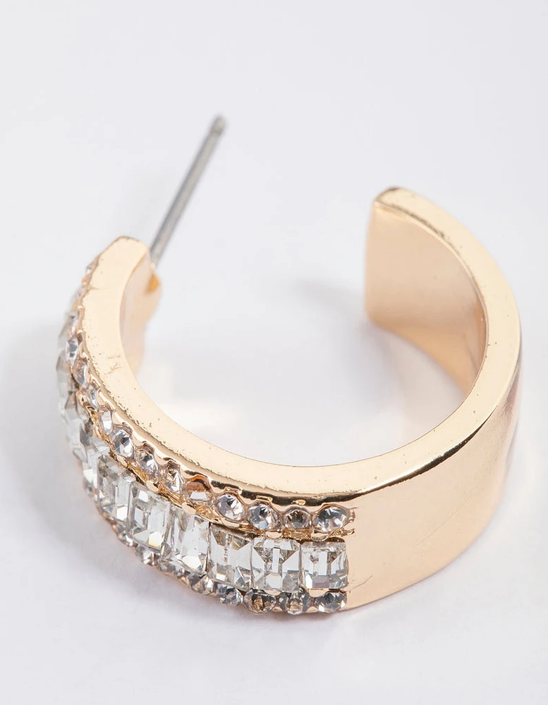 Gold Baguette Diamante Small Hoop Earrings