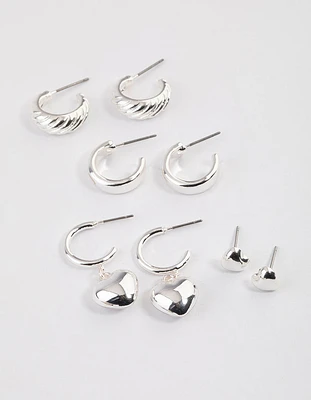 Silver Puffy Heart & Hoop Earrings 4-Pack