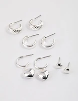 Silver Puffy Heart & Hoop Earrings 4-Pack