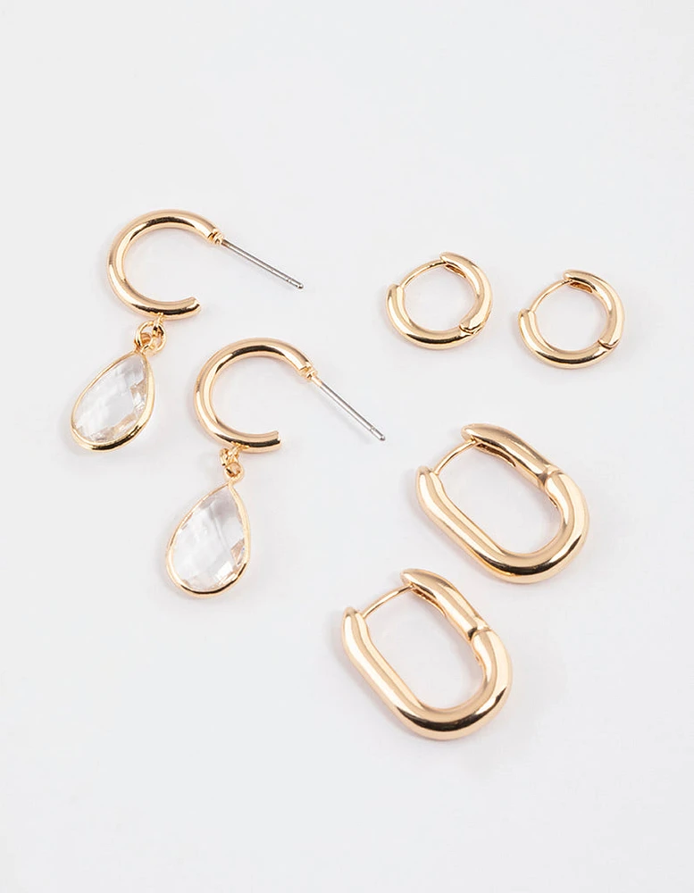 Gold Simple Diamante Teardrop Earrings Pack