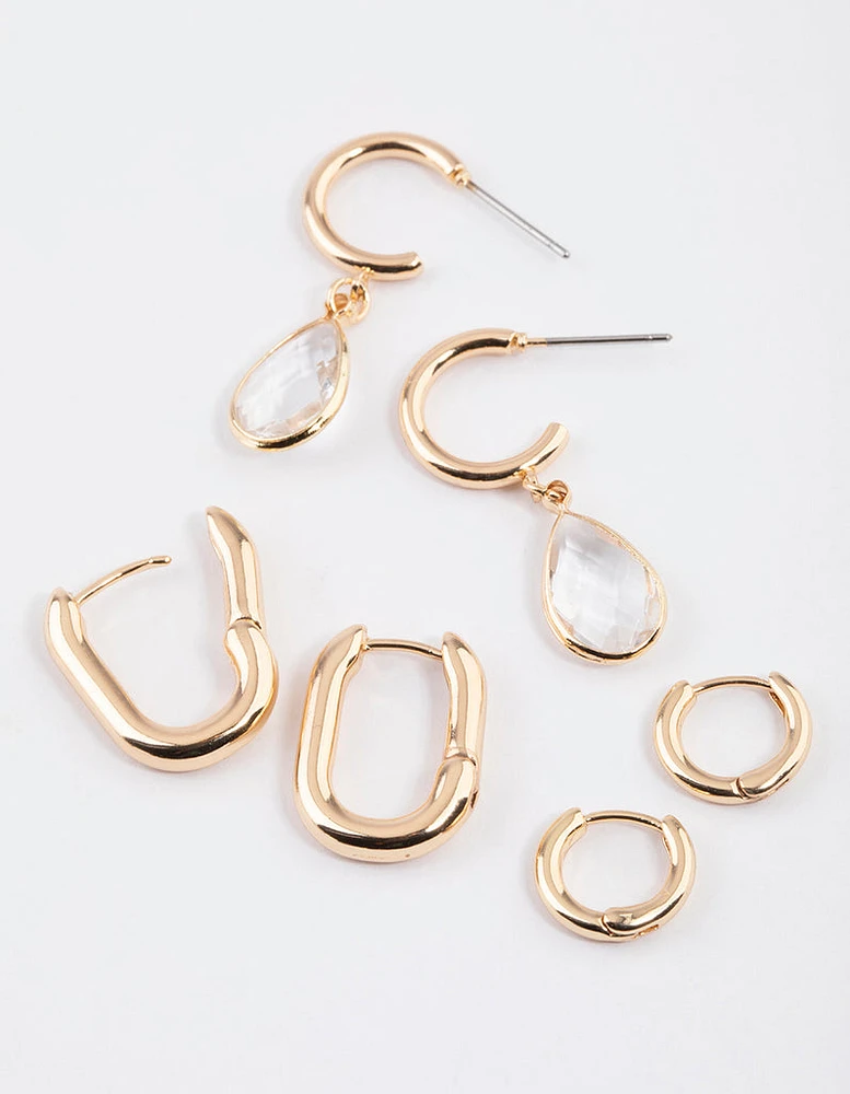 Gold Simple Diamante Teardrop Earrings Pack