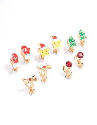 Kids Christmas Star Clip On Earrings 5-Pack