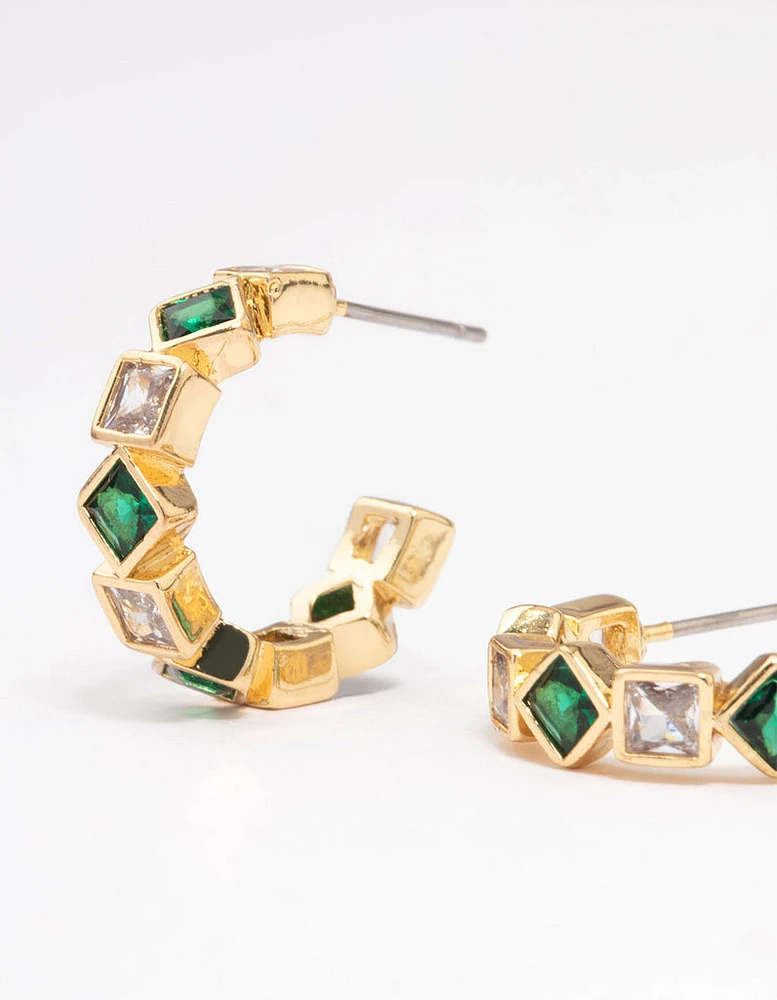 Gold Mixed Cubic Zirconia Square & Diamante Hoop Earrings