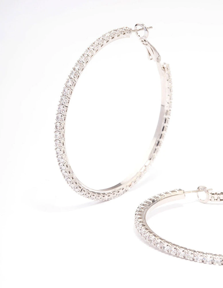 Rhodium Fine Minimal Cubic Zirconia Hoop Earrings