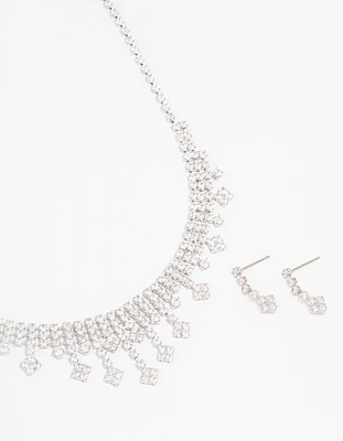 Rhodium Cubic Zirconia Statement Diamond Earrings & Necklace Set