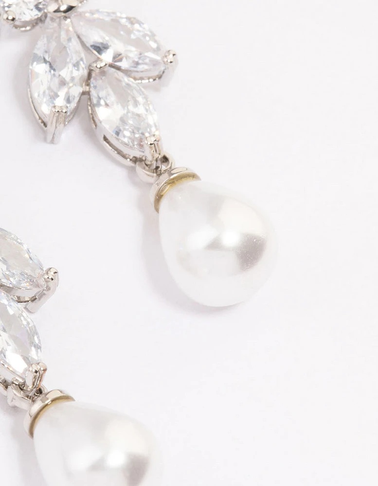 Rhodium Cubic Zirconia Pearl Drop Earrings