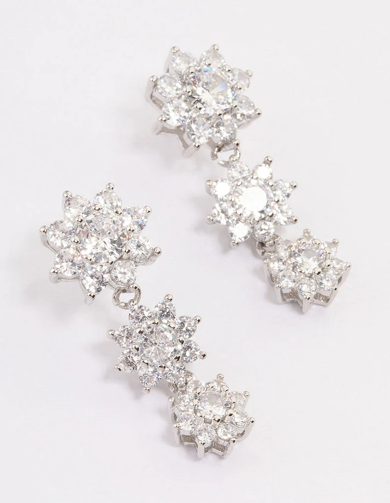 Rhodium Cubic Zirconia Drop Flower Earrings