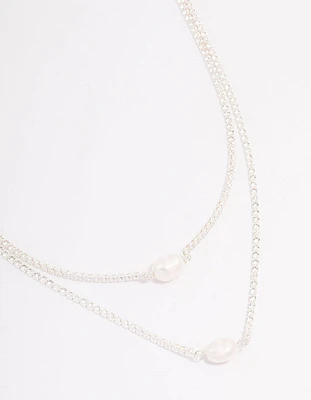 Silver Cubic Zirconia Multi-Row Pearl Necklace