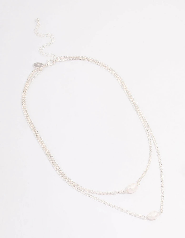 Silver Cubic Zirconia Multi-Row Pearl Necklace