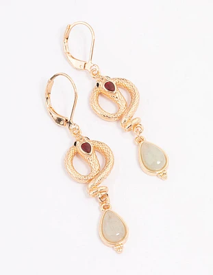 Gold & Green Snake Teardrop Pendant Earrings