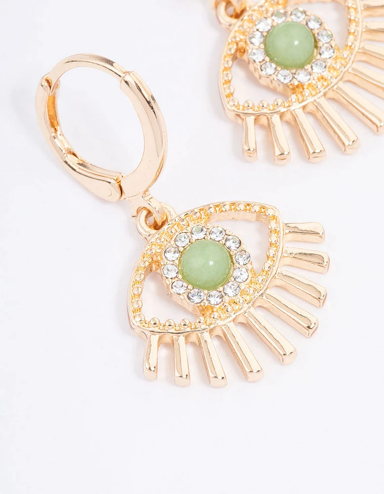 Gold Green Aventurine Diamante Eye Huggie Earrings