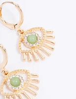 Gold Green Aventurine Diamante Eye Huggie Earrings