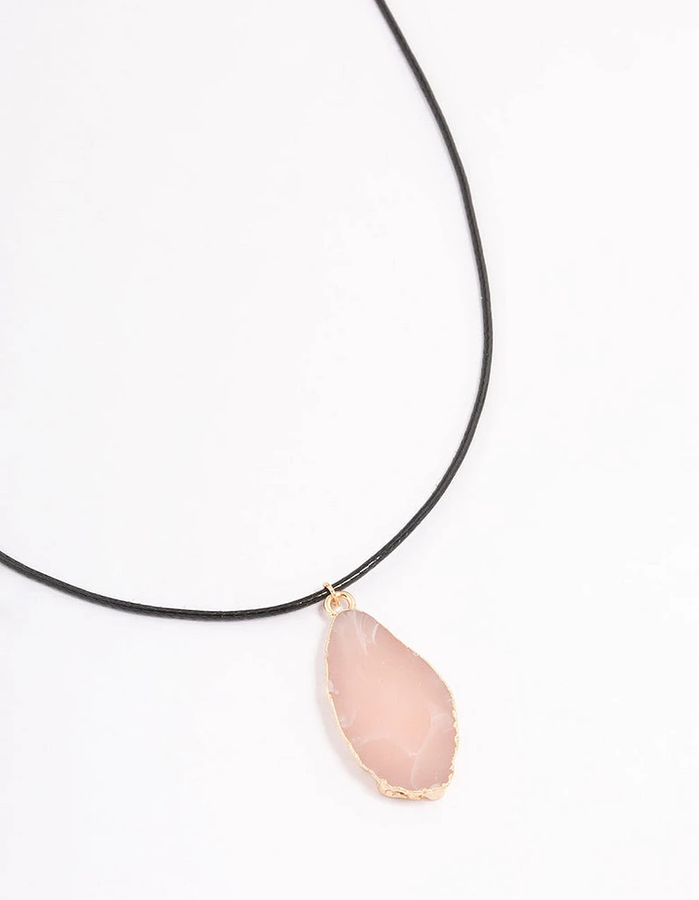 Gold Rose Quartz Flat Stone Pendant Necklace