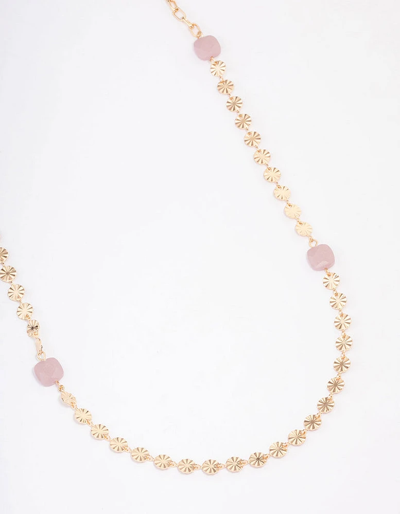 Gold Rose Quartz Textured Disc Long Necklace