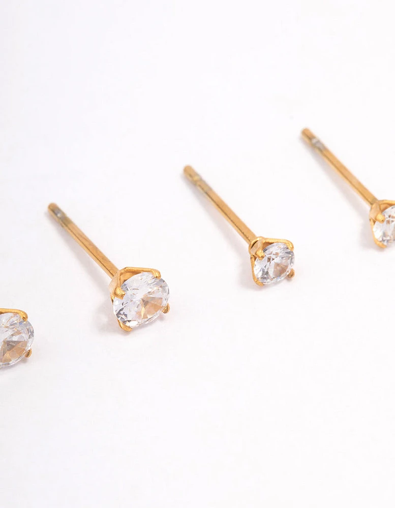 Gold Plated Surgical Steel Graduating Cubic Zirconia Stud Earring Pack