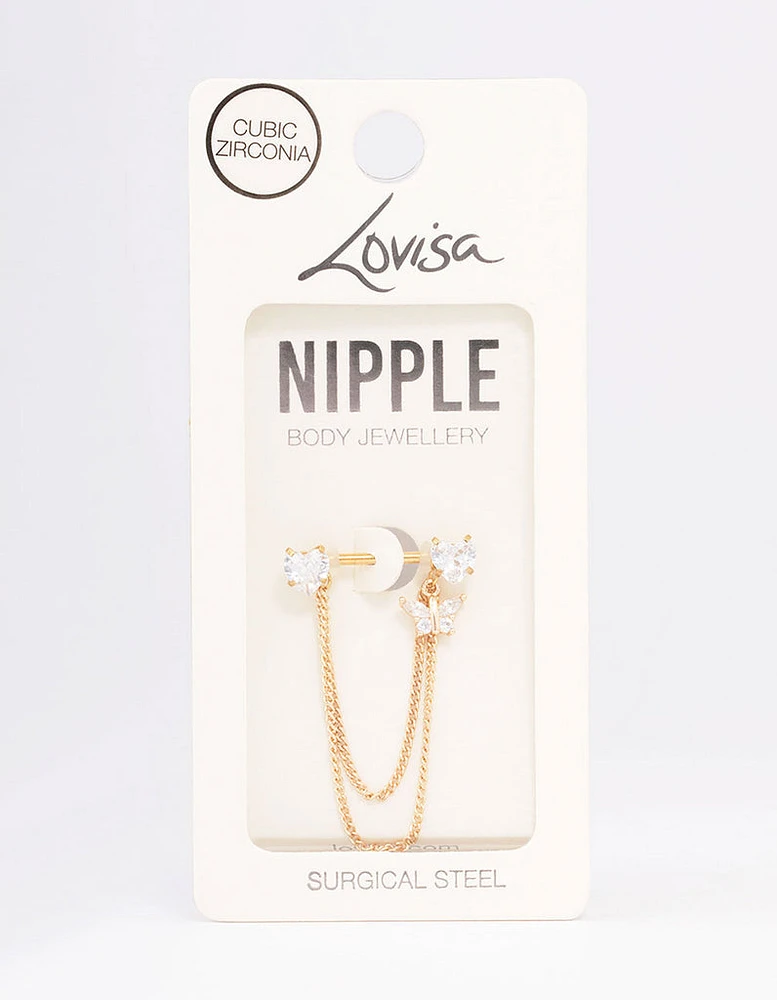 Gold Plated Surgical Steel Heart Butterfly Drop Nipple Piercing