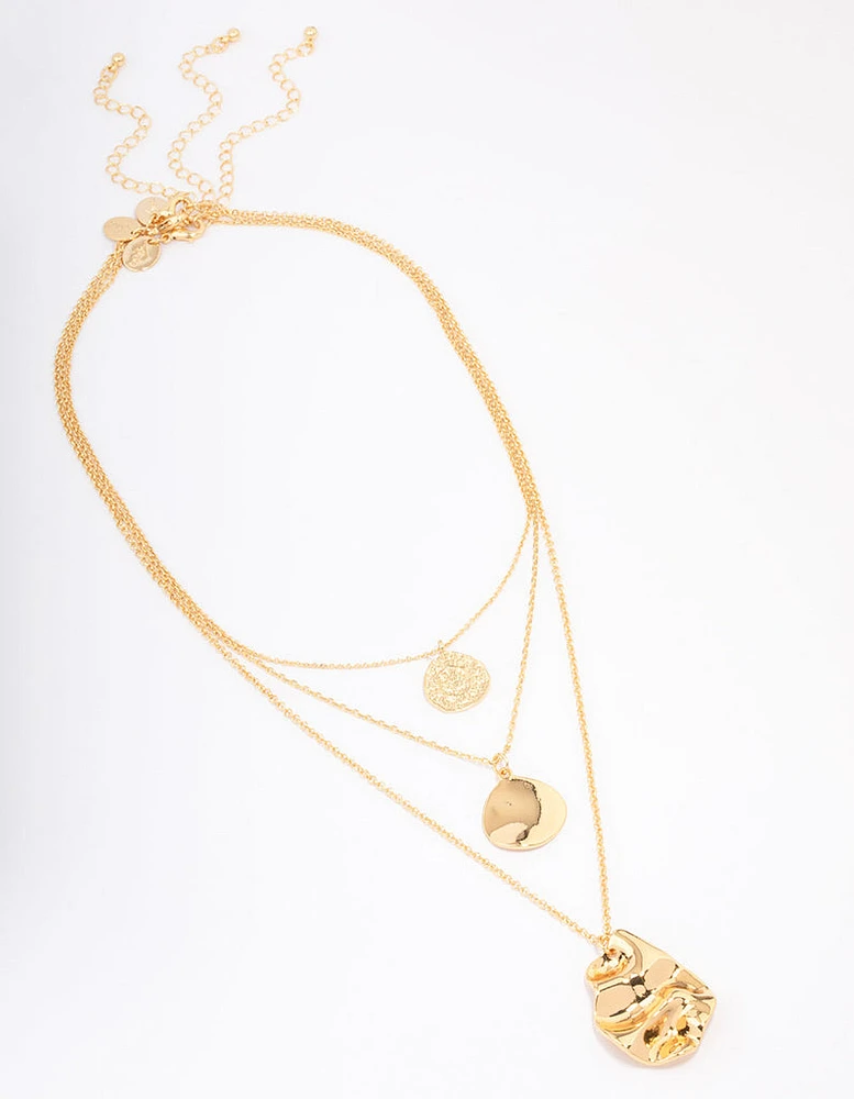 Gold Plated Trio Layered Molten Disc Necklace