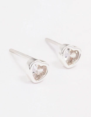 Sterling Silver Diamante Heart Stud Earrings