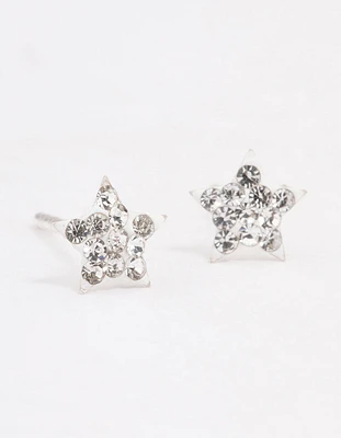 Sterling Silver Pave Star Stud Earrings