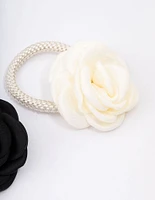 White & Black Fabric Flower Hair Elastic Pack