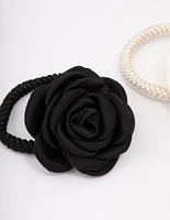 White & Black Fabric Flower Hair Elastic Pack