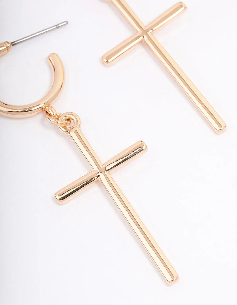 Gold Huggie Cross Pendant Earrings