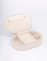 Cream Faux Leather Oval Compact Jewellery Box