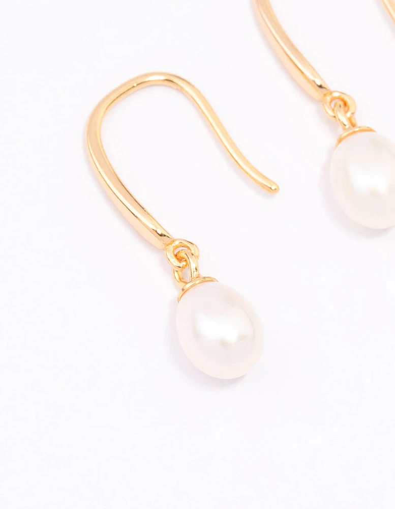 Gold Plated Sterling Silver Freshwater Pearl Fish Hook Earrings