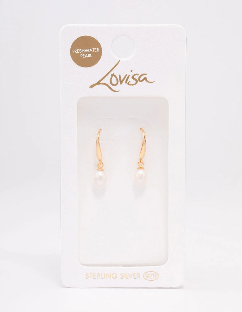 Gold Plated Sterling Silver Freshwater Pearl Fish Hook Earrings