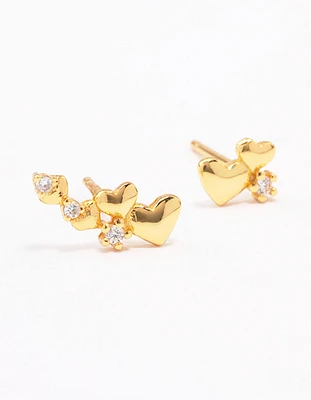 Gold Plated Sterling Silver Graduating Heart Crawler Stud Earrings