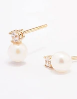 Gold Plated Sterling Silver Cubic Zirconia & Freshwater Pearl Stud Earrings