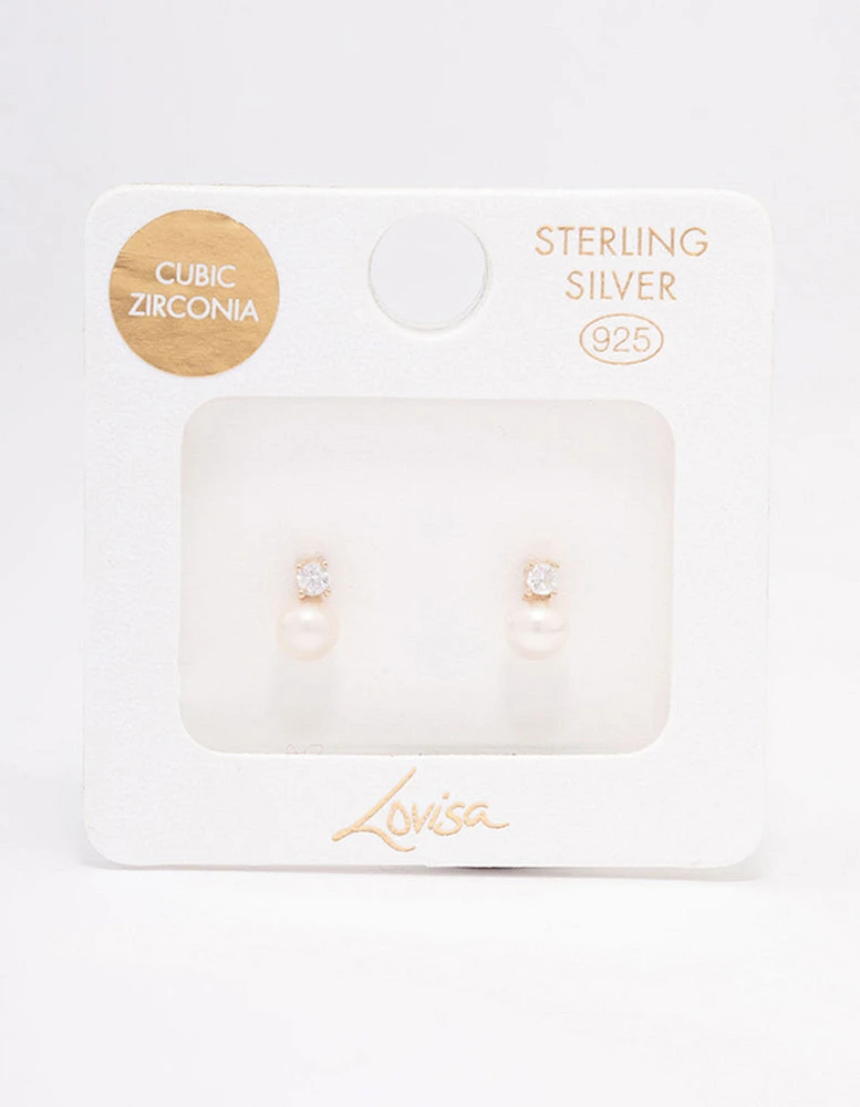 Gold Plated Sterling Silver Cubic Zirconia & Freshwater Pearl Stud Earrings