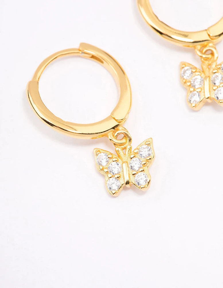 Gold Plated Sterling Silver Cubic Zirconia Butterfly Huggie Earrings