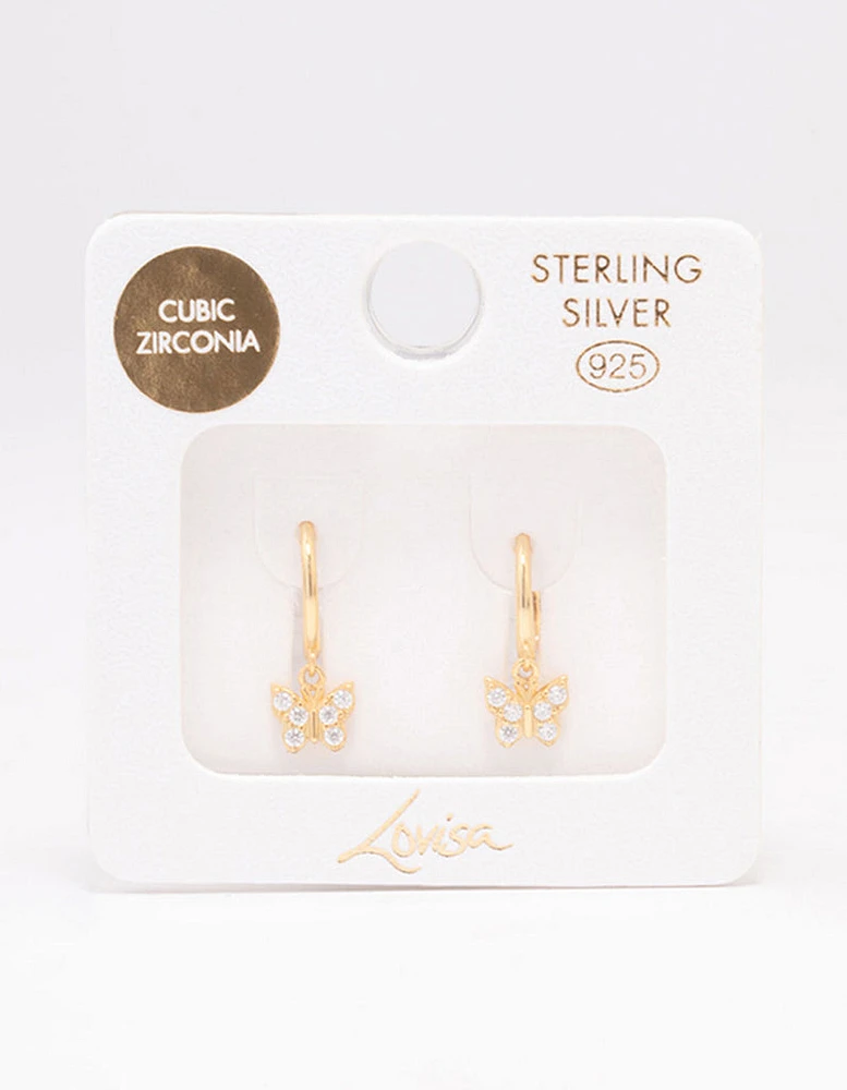 Gold Plated Sterling Silver Cubic Zirconia Butterfly Huggie Earrings