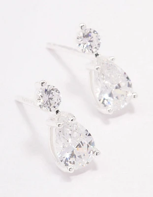 Sterling Silver Round Cubic Zirconia Pear Drop Earrings