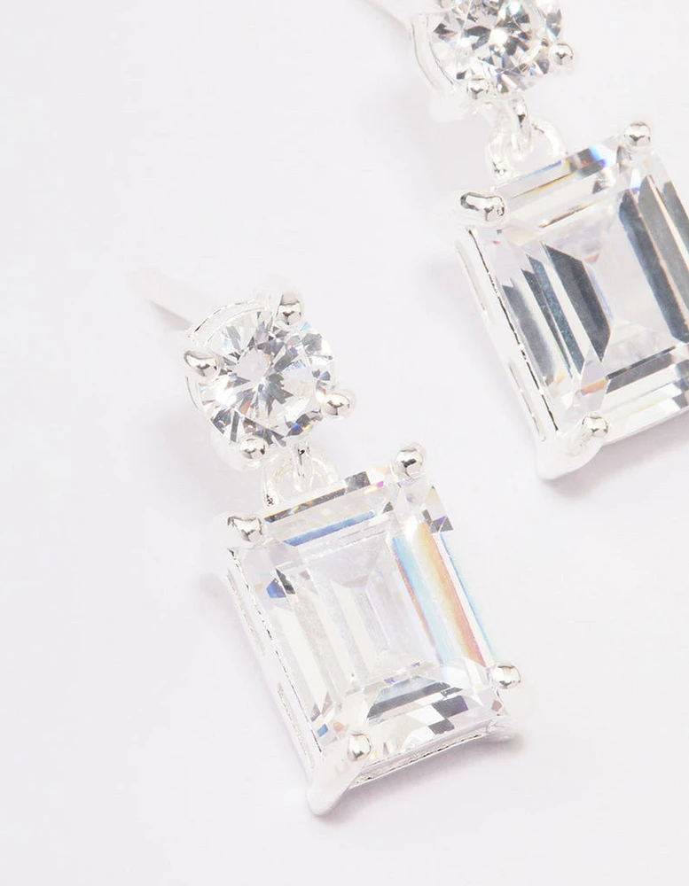 Sterling Silver Cubic Zirconia Emerald Cut Drop Earrings