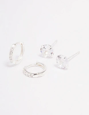 Sterling Silver Cubic Zirconia Stud & Huggie Earring Set