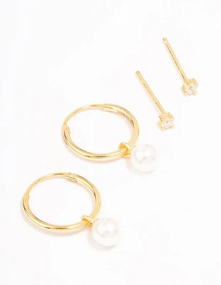 Gold Plated Sterling Silver Cubic Zirconia & Pearl Huggie Earring Pack